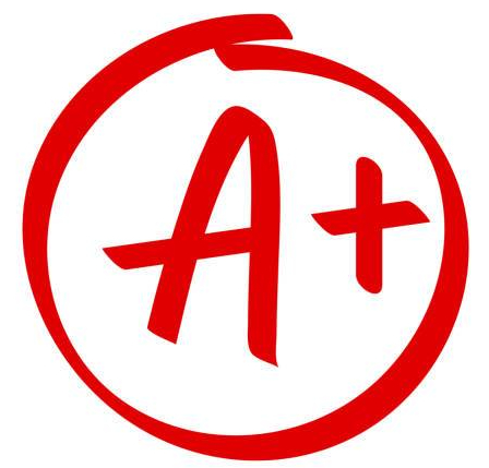 Grade A Plus result vector icon. School red mark handwriting A plus in circle